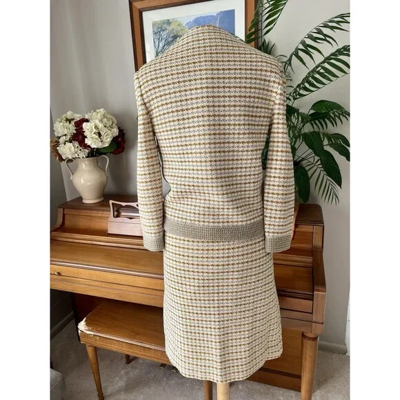 Vintage CISA OF ITALY Knit Cream Skirt Suit, Gold Silver Check Pattern, Size 10